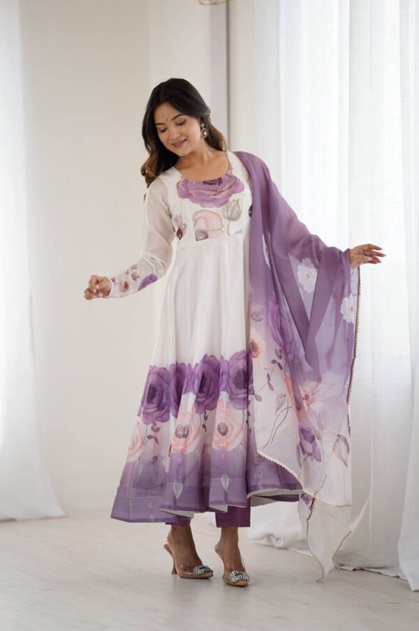 Brinjal Color Organza Silk Anarkali Suit with Dupatta