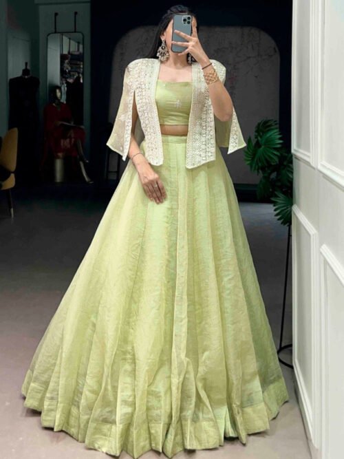 Premium Melon Green Allnen Crush Lehenga Set with 5 Meter Flair
