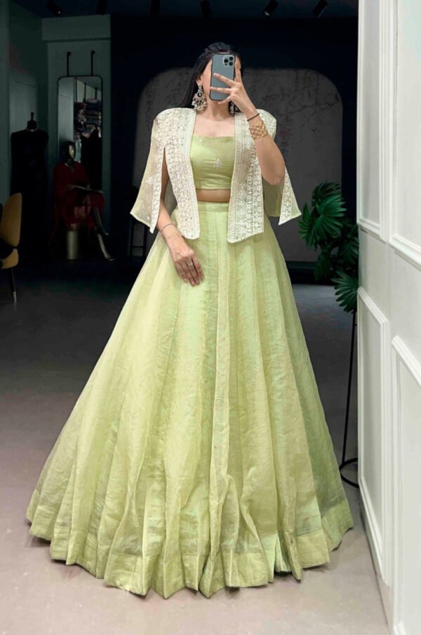 Premium Melon Green Allnen Crush Lehenga Set with 5 Meter Flair