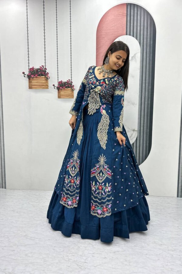 Indigo Color Crop Top Lehenga with Embroidered Shrug