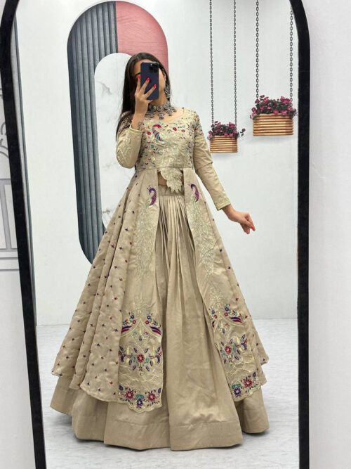 Cream Color Crop Top Lehenga with Embroidered Shrug