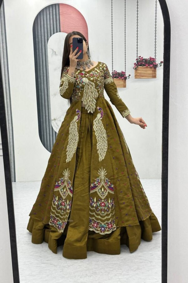 Mustard Green Crop Top Lehenga with Embroidered Shrug