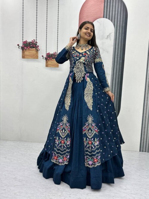 Pc-528_9.jpg Indigo Color Crop Top Lehenga with Embroidered Shrug