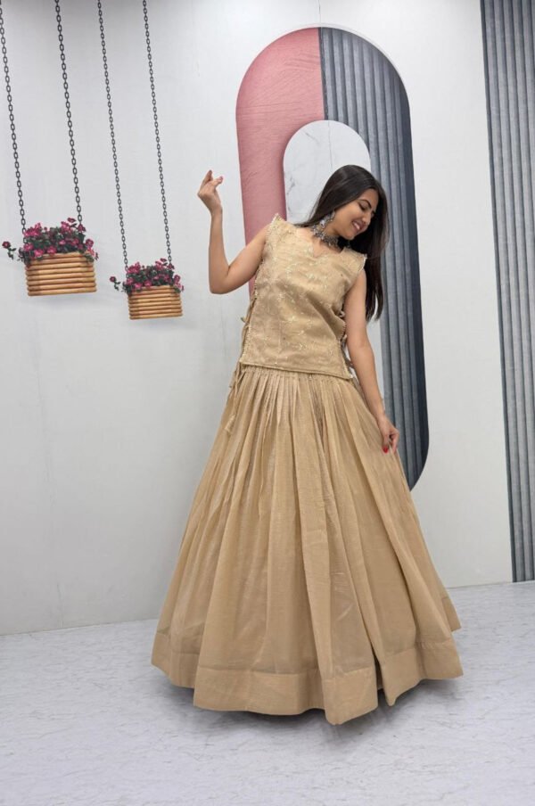 Dark Tan Crunchy Silk Lehenga Set with 3.5 Meter Flair & Heavy Sequins Jacket