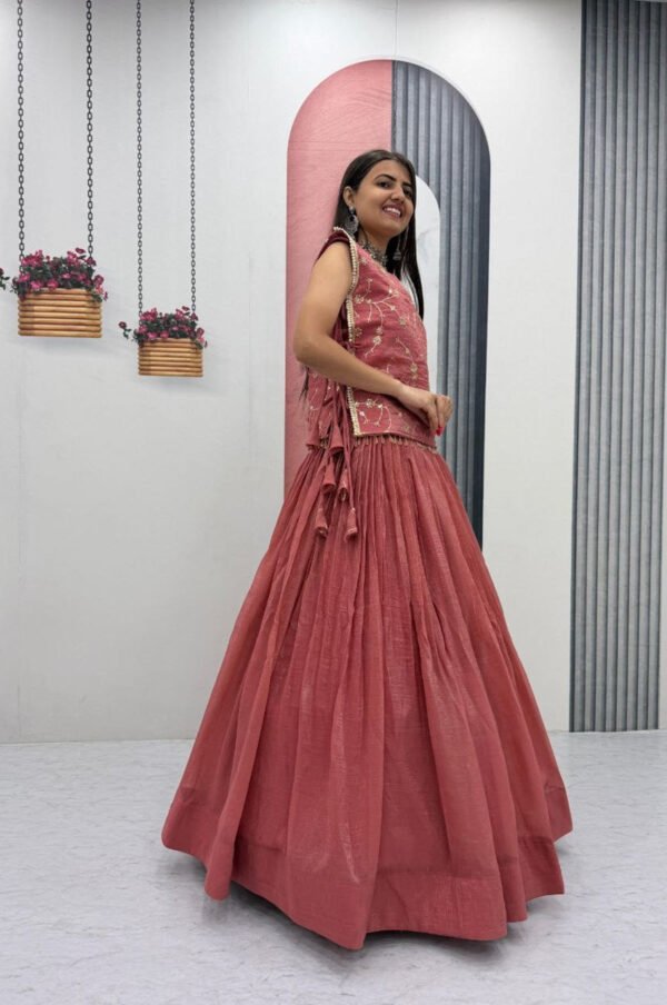 Dusky Red Crunchy Silk Lehenga Set with 3.5 Meter Flair & Heavy Sequins Jacket