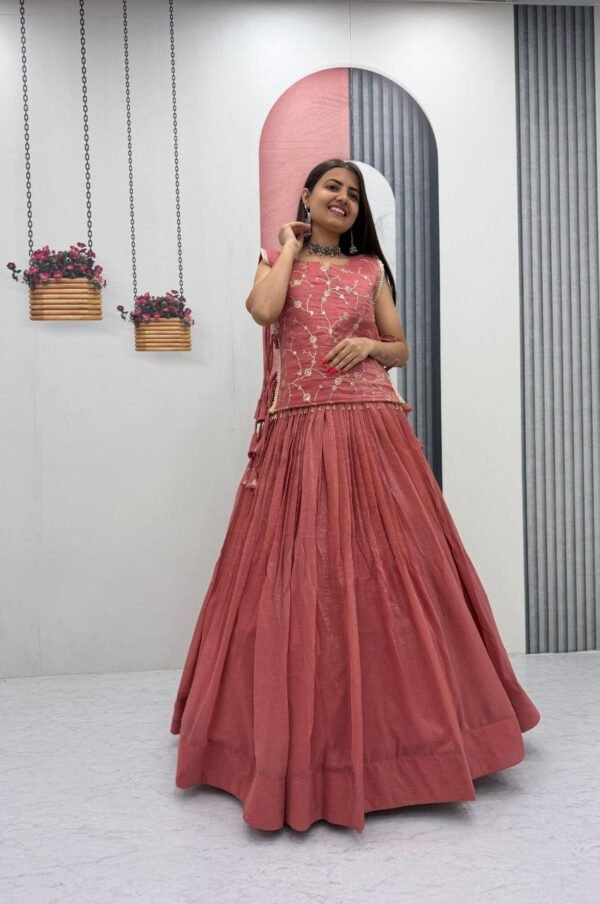 Dusky Red Crunchy Silk Lehenga Set with 3.5 Meter Flair & Heavy Sequins Jacket