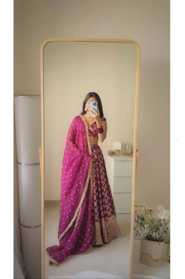 Wine Elegant Jacquard Thread & Sequin Work Lehenga Set with Dupatta
