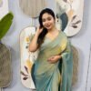 Dusty Olive Space Silk Gown Saree with Beads Lace & Dupatta