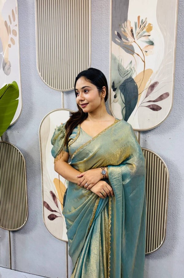 Dusty Olive Space Silk Gown Saree with Beads Lace & Dupatta