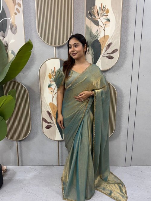 Dusty Olive Space Silk Gown Saree with Beads Lace & Dupatta