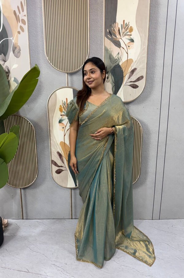 Dusty Olive Space Silk Gown Saree with Beads Lace & Dupatta