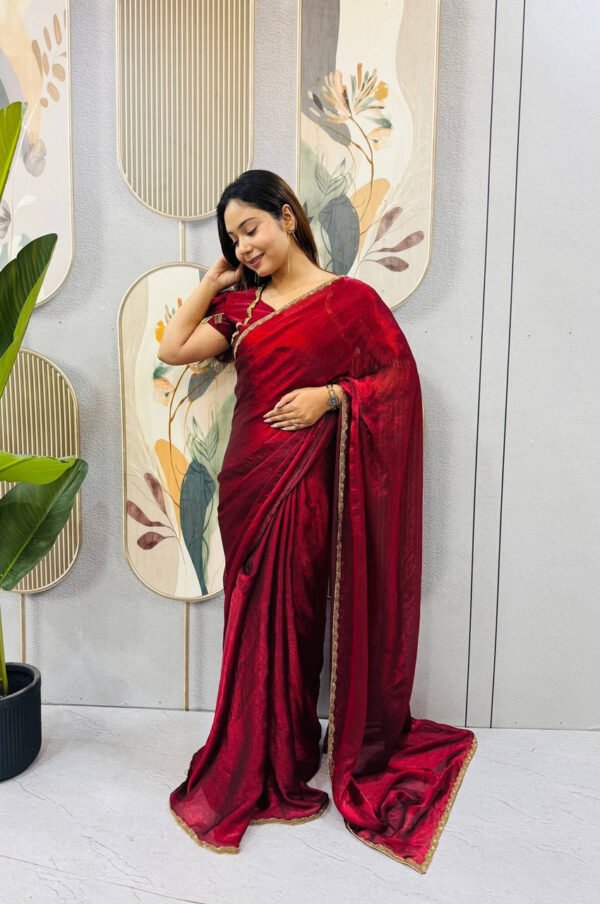 Arabian Red Space Silk Gown Saree with Beads Lace & Dupatta