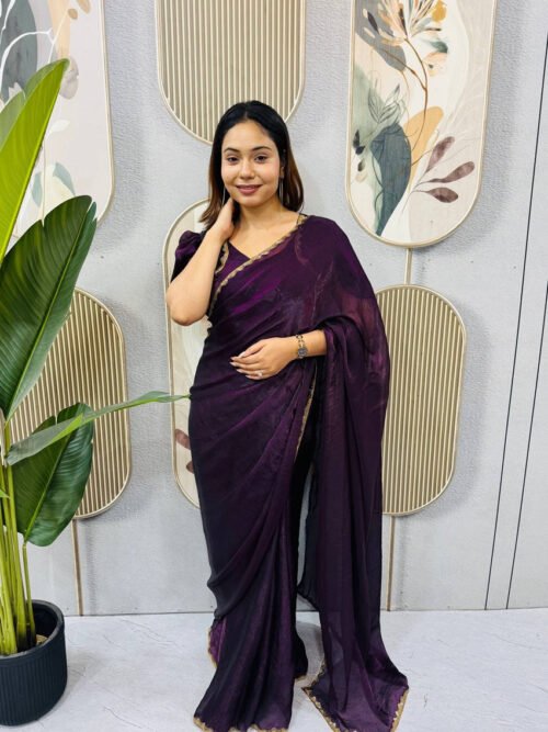 Purple Space Silk Gown Saree with Beads Lace & Dupatta