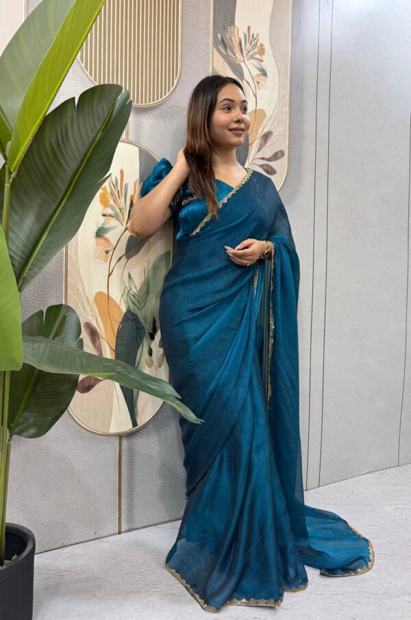 Regal Blue Space Silk Gown Saree with Beads Lace & Dupatta