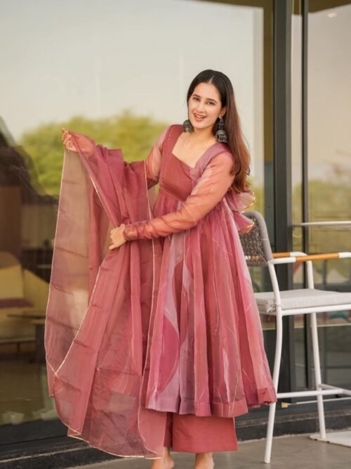 Stunning Salmon Soft Organza Anarkali Suit Set with Lace Border Dupatta