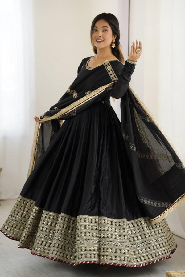 Black Bollywood Style Anarkali Suit with Chinon Silk & Sequin Work