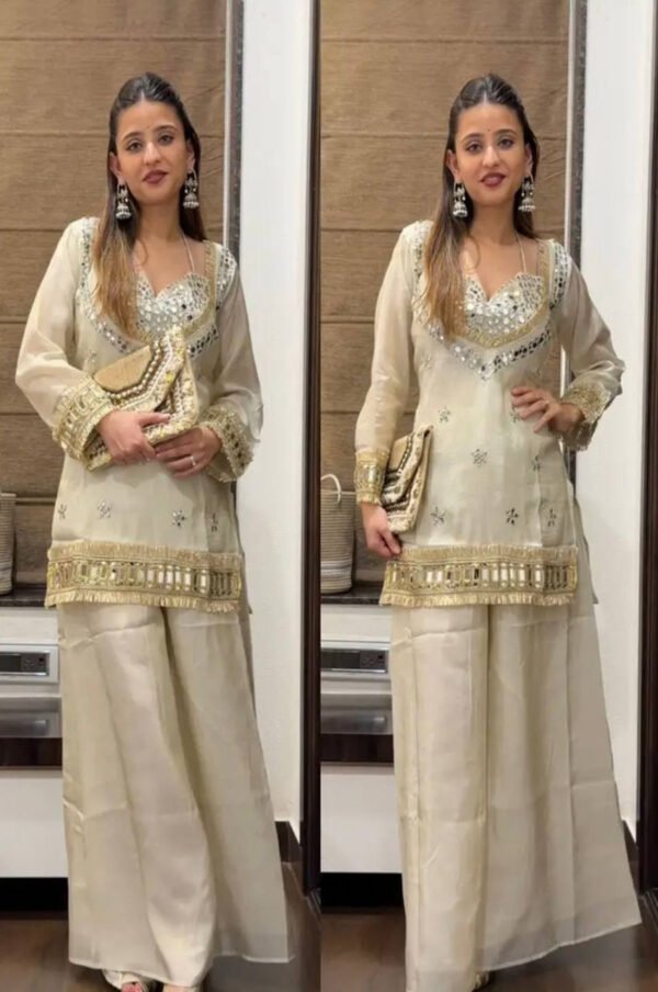 Off White Mirror Work Palazzo Suit