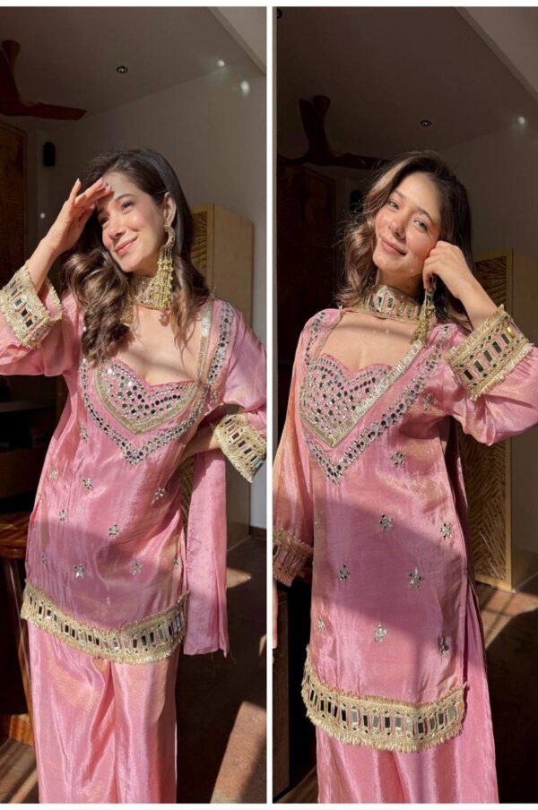 Pink Fendy Silk Sharara Suit with Real Mirror Work
