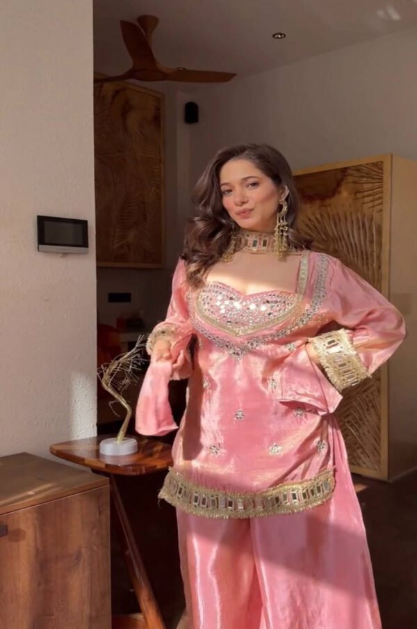 Pink Fendy Silk Sharara Suit with Real Mirror Work