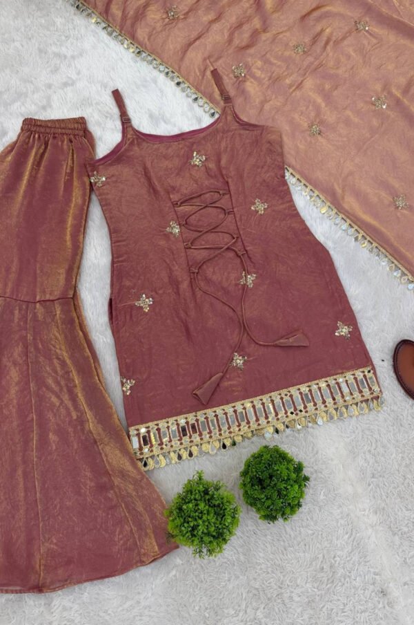 Rust Brown Fendy Silk Sharara Suit with Real Mirror