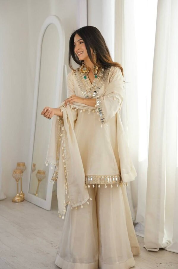 Ivory Tebby Organza Silk Sharara Suit with Real Mirror Lace Work