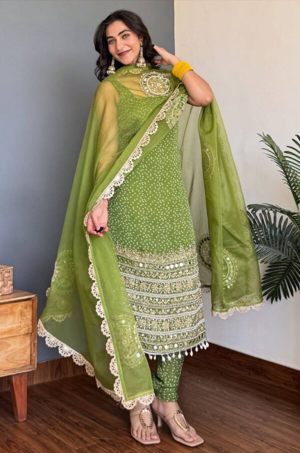 Moss Green Bandhej Mirror Work Kurti Set