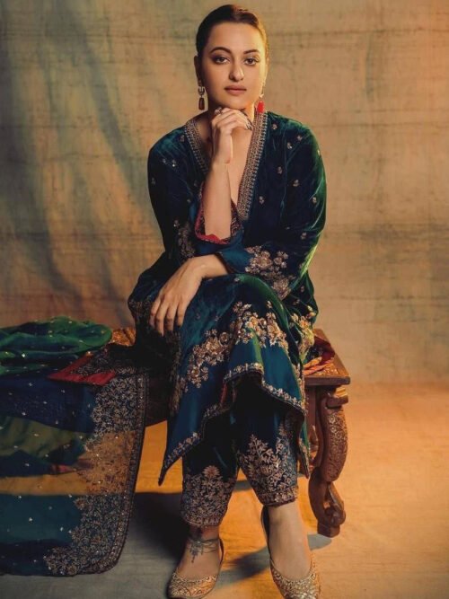 Sonakshi Sinha Inspired Rama Green Velvet Kurta Set