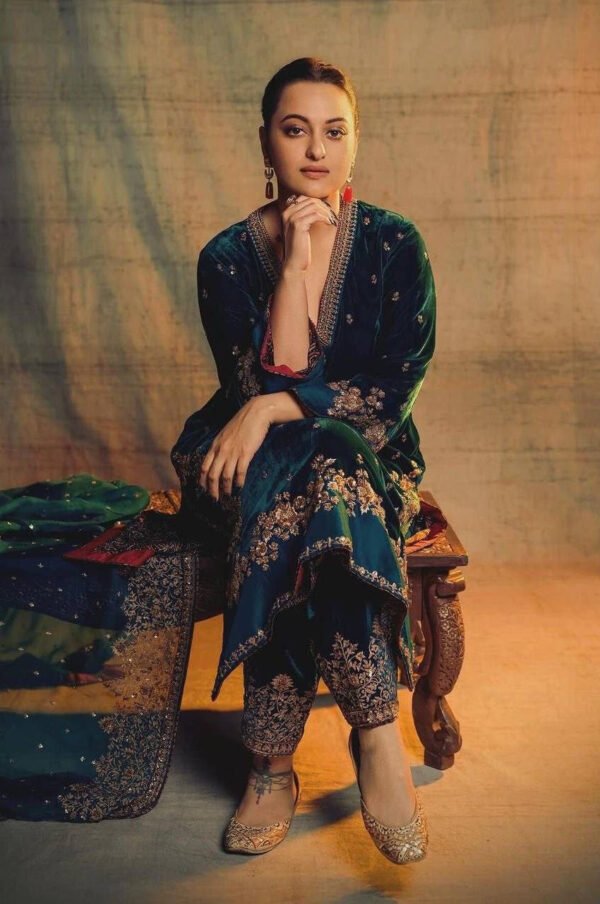 Sonakshi Sinha Inspired Rama Green Velvet Kurta Set