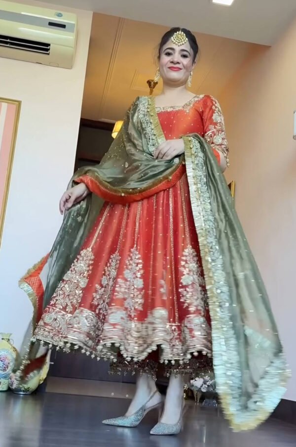 Orange Wedding Wear Anarkali Suit Set