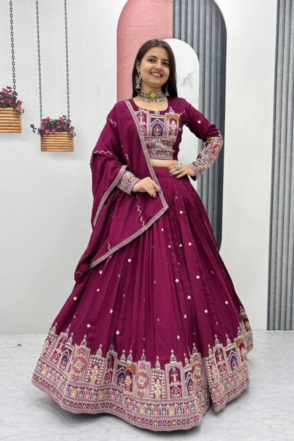 Maroon Embroidered Vichitra Lehenga Choli Set