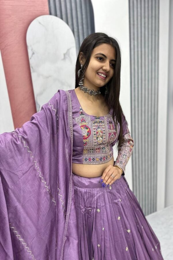 Mauve Embroidered Vichitra Silk Lehenga Choli