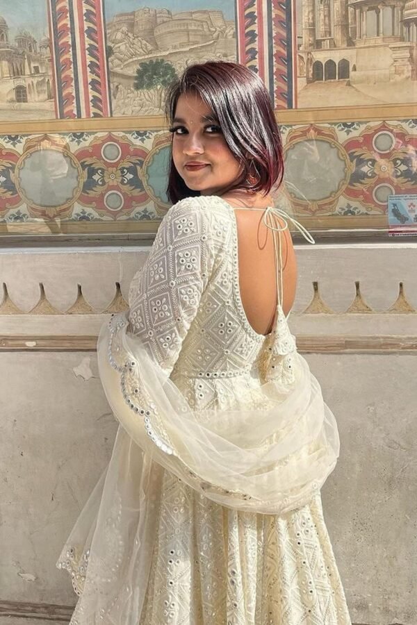 Luxurious White Georgette Anarkali Suit Set with Lakhnawi Work