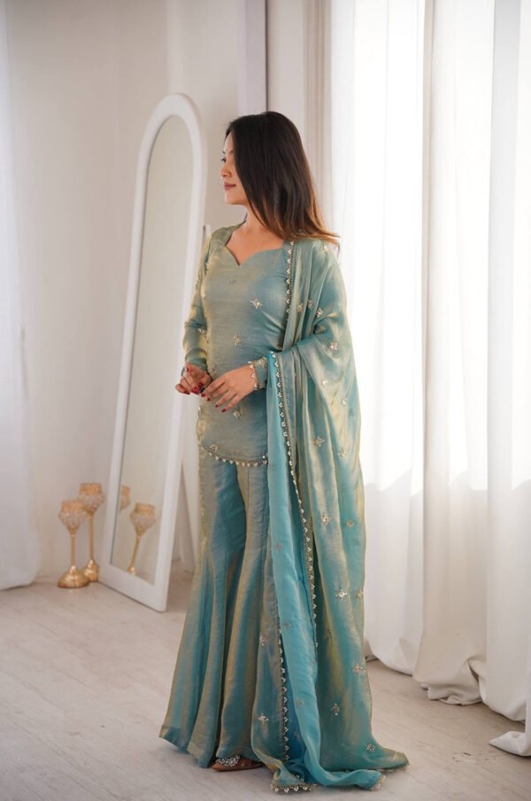 Steel Green Fendy Silk Sharara Suit