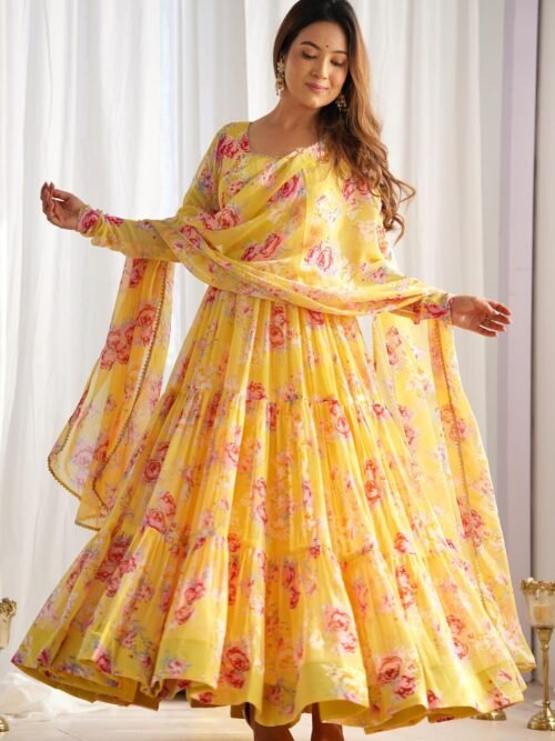 Yellow Floral Print Fox Georgette Anarkali Suit Set