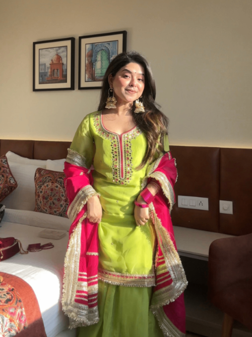 Neha Bhandari Neon Faux Blooming Sharara Set