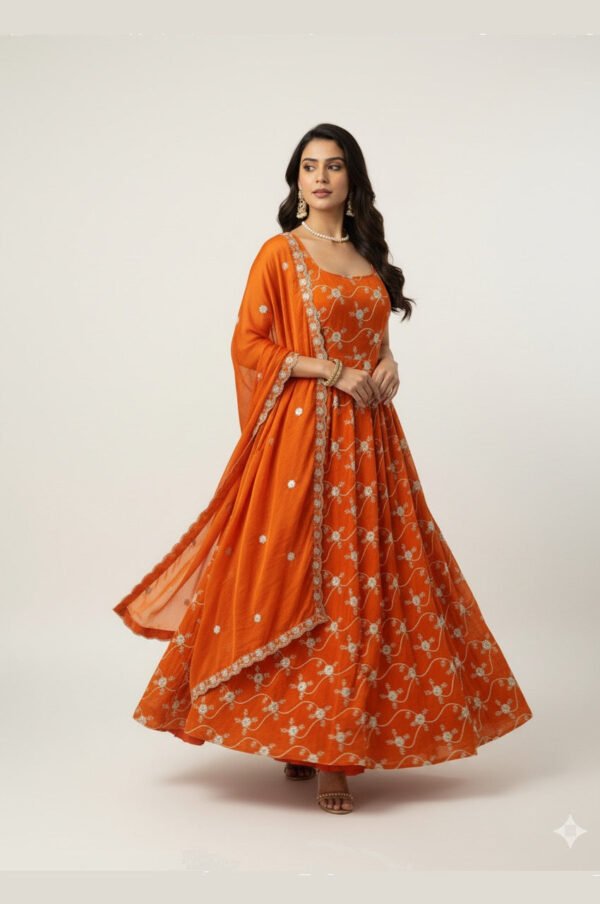 Elegant Orange Fandy Silk Anarkali Set