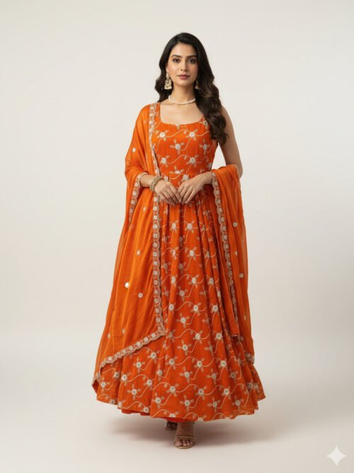 Elegant Orange Fandy Silk Anarkali Set