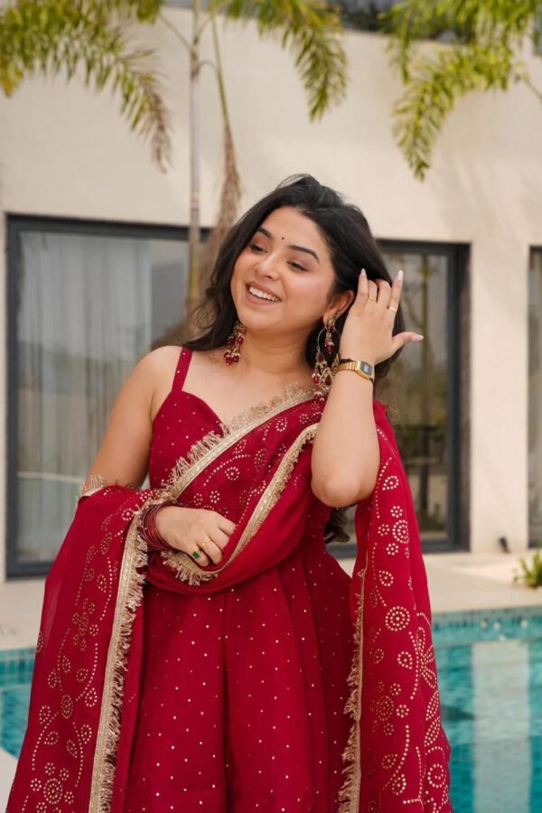 Cherry Red Tabby Organza Mukesh Work Palazzo Suit