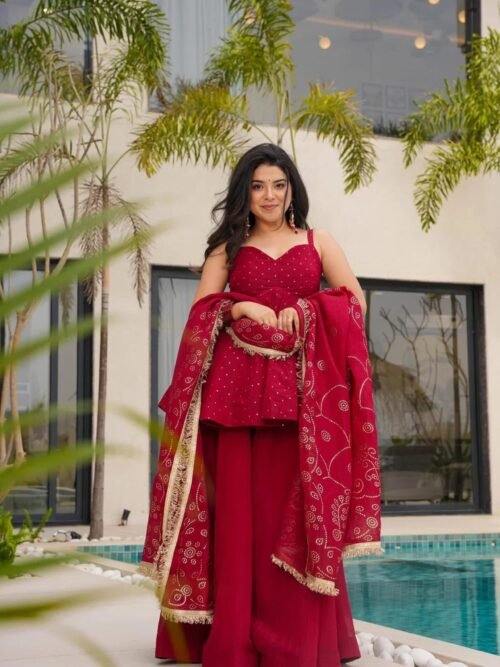 Cherry Red Tabby Organza Mukesh Work Palazzo Suit
