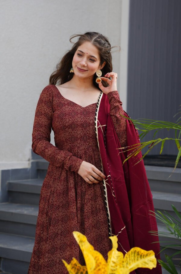 Maroon Cotton Ajrakh Print Anarkali Suit Set