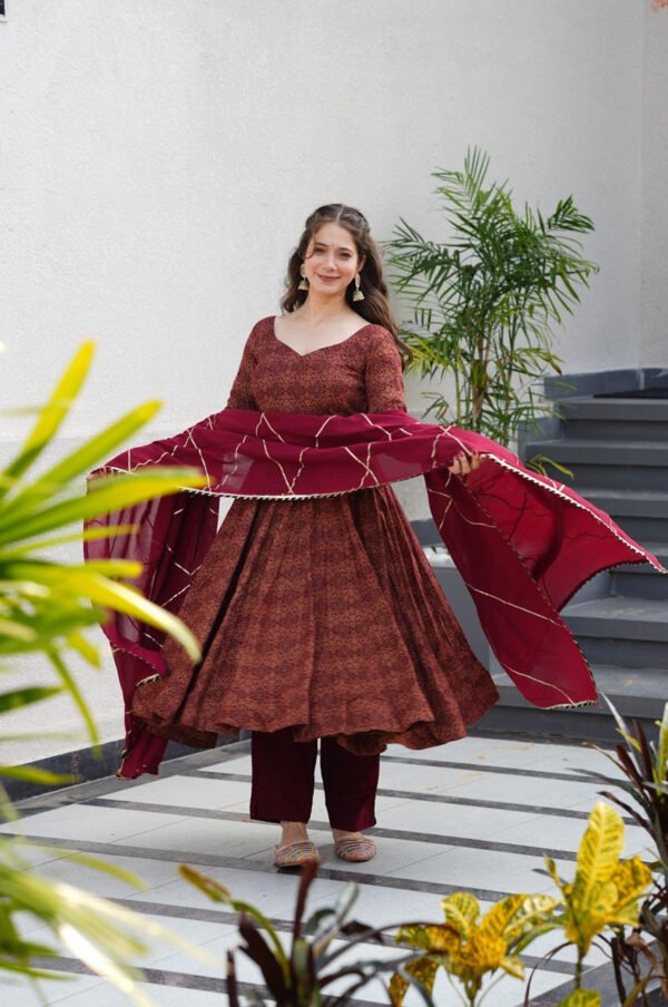 Maroon Cotton Ajrakh Print Anarkali Suit Set