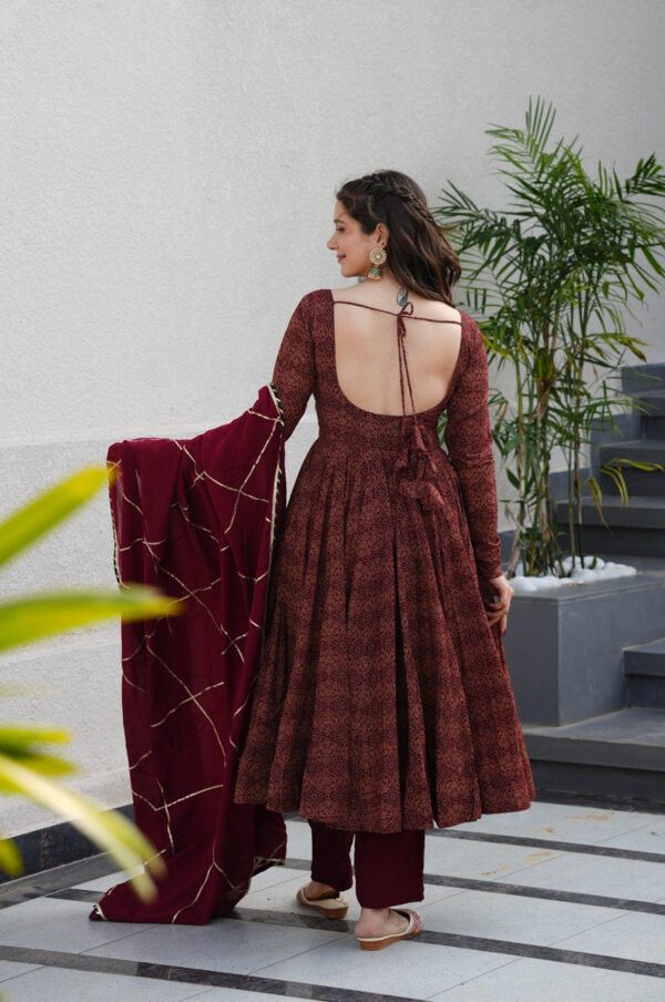 Maroon Cotton Ajrakh Print Anarkali Suit Set
