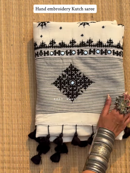 Premium Cotton Saree with Hand Embroidery 🖤