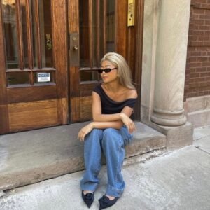 Black Off Shoulder Top with Wide Leg Denim