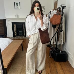 Mocha Brown Shirt with Beige Wide Leg Pants