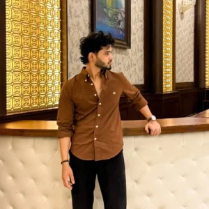 Chocolate Brown Fitted Shirt with Classic Blue Denim